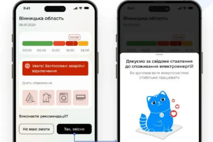 Скріншот додатку «Укренерго» з відображенням ситуації зі світлом у реальному часі