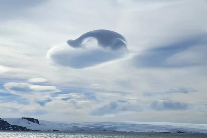 Der Wal taucht in die himmlischen Wellen ein. Polarforscher haben eine ungewöhnliche Wolke über der Antarktis fotografiert