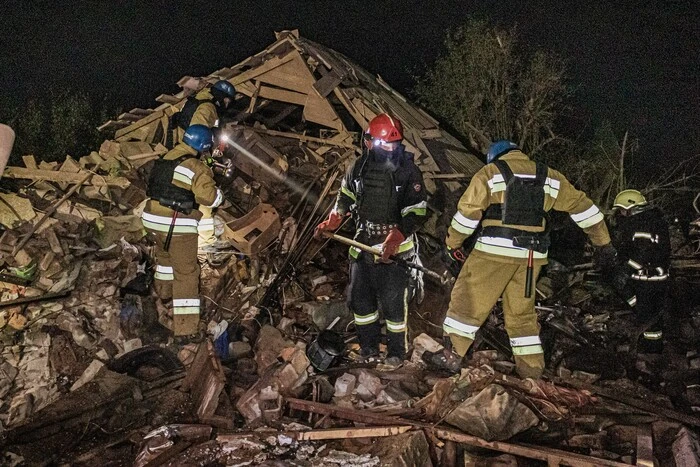 Damaged buildings in Kharkiv after ballistic strike