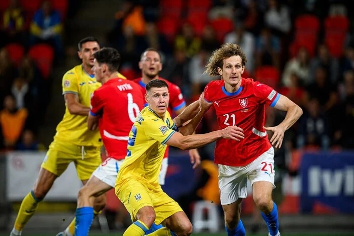 Ukrainian national team players fighting for a goal