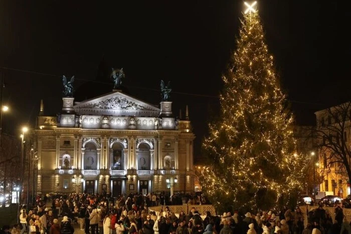 The main Christmas tree of Lviv glows at night