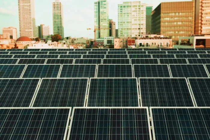 Solar panels against the backdrop of the European flag