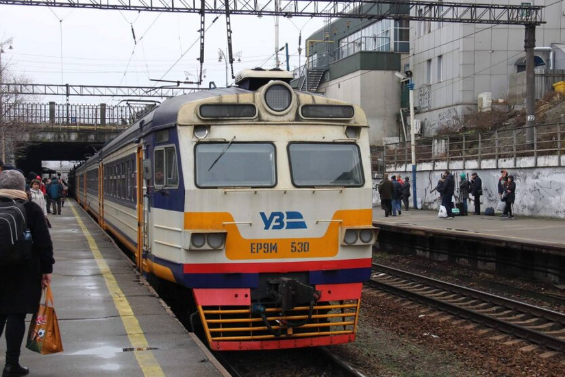 Kyiv electric train at night at the station